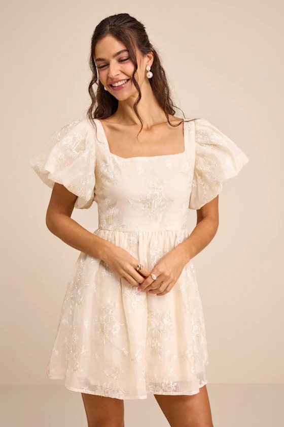 Cathaysa Cream Embroidered Puff Sleeve Bow Mini Dress | Lulus