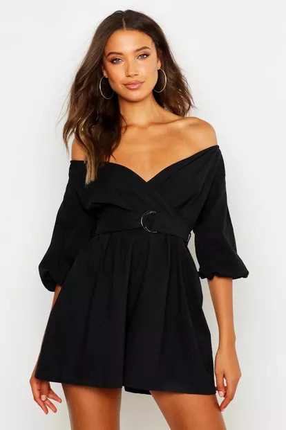 Tall Linen Mix Off The Shoulder Belted Wrap Romper | Boohoo.com (US & CA)