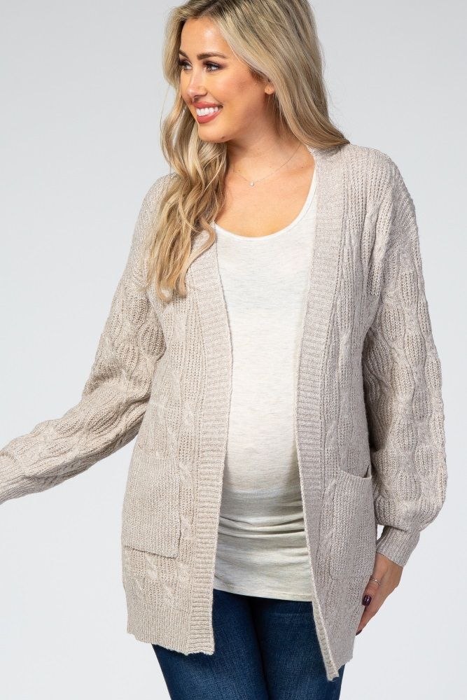 Beige Cable Knit Patterned Maternity Cardigan | PinkBlush Maternity
