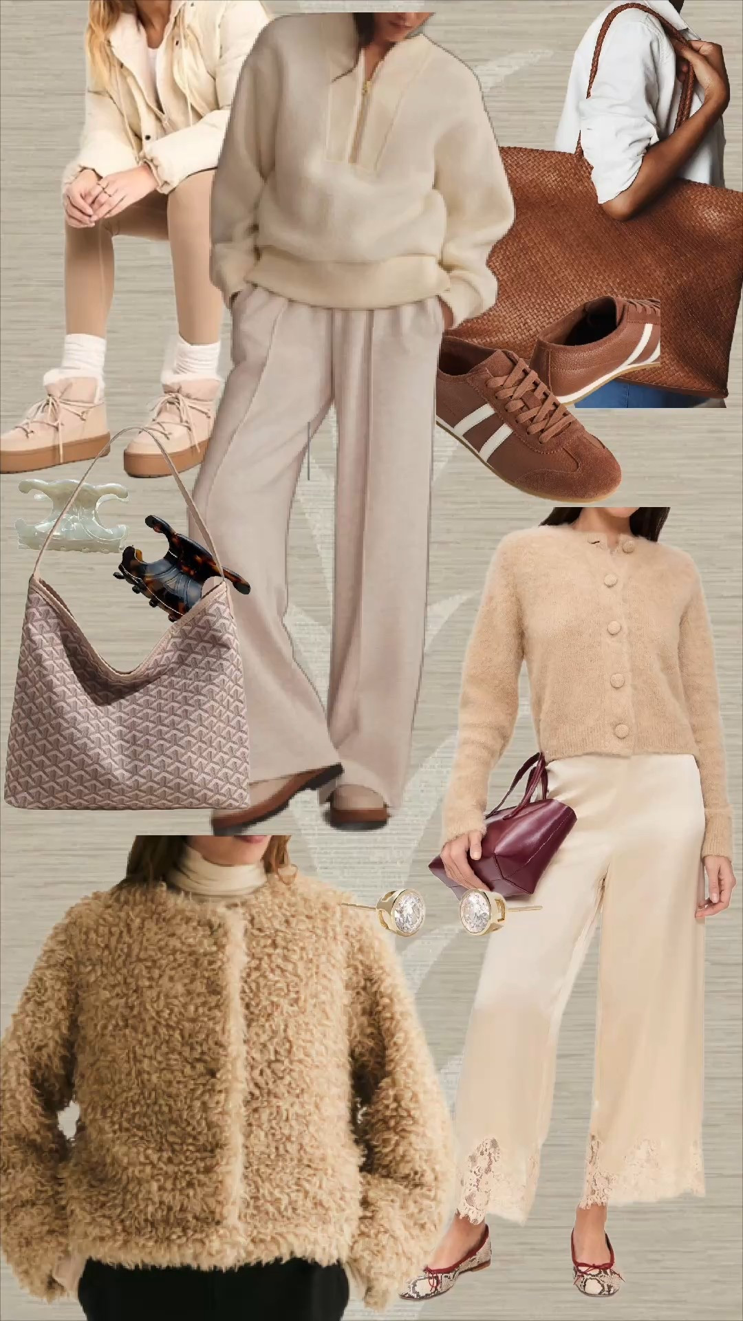 Cozy favorites! Sherpa coat, silk pants, loungewear, lounge pants, Sherpa boots, hair clips 