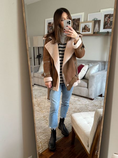 Aviator jacket, Agolde denim, target sweater 

Coat: sold out, linking similars 
Sweater: small 
Jeans: TTS, 26 
Boots: TTS, 9

#LTKstyletip #LTKSeasonal #LTKsalealert