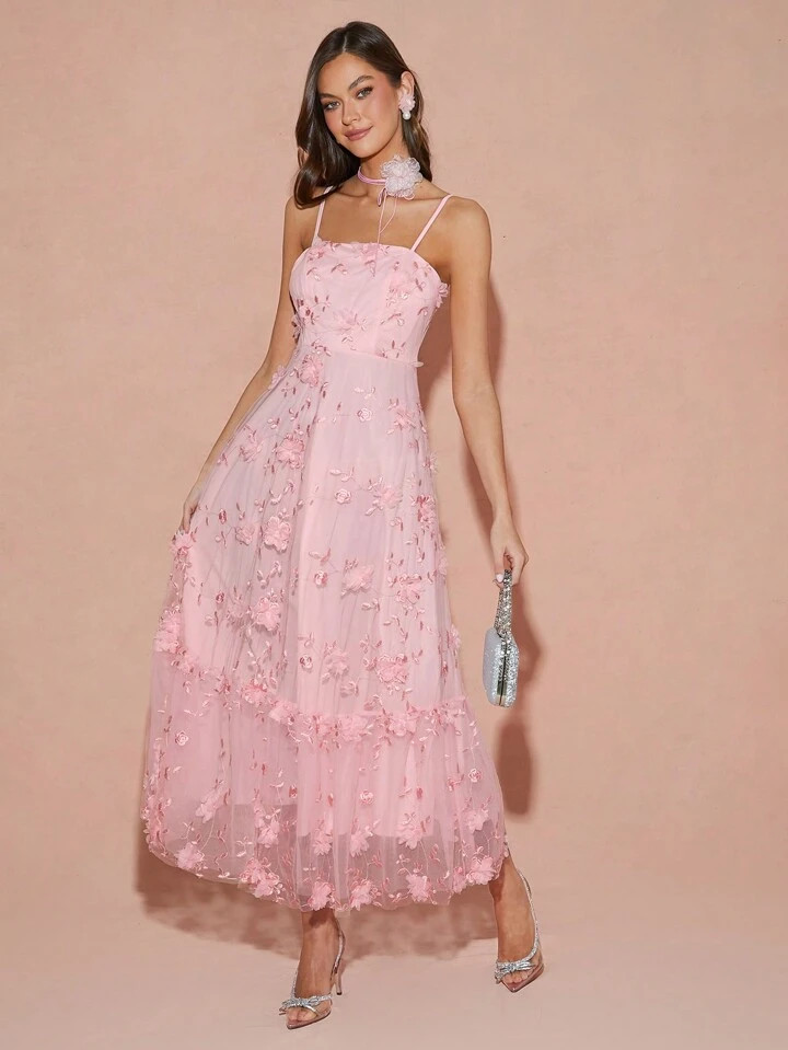 Enchnt Spring Summer Romantic Women Floral Applique Strap Elegant Sleeveless Dress,For Valentine ... | SHEIN