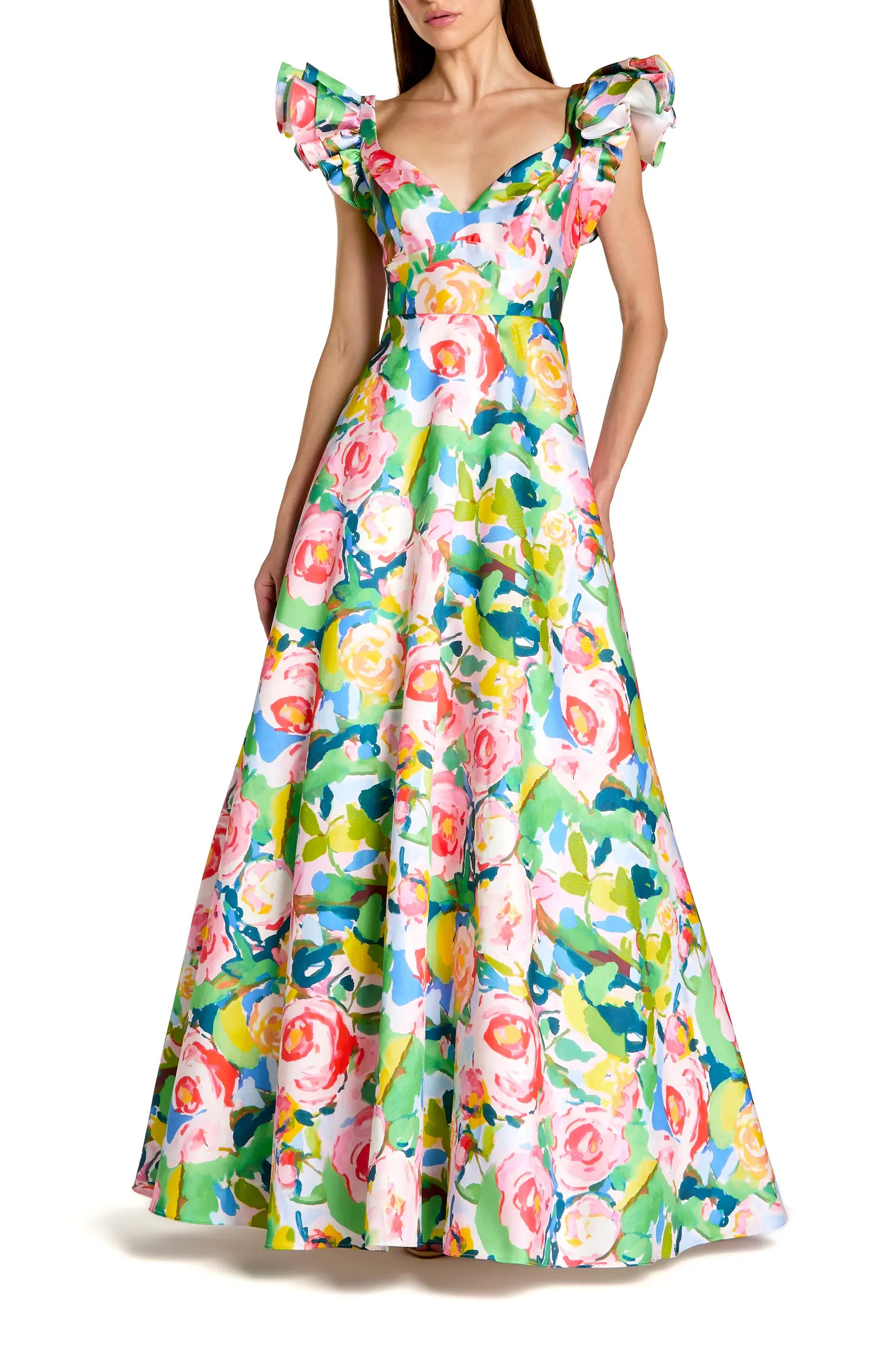 Printed Mikado Ruffle Sleeve V Neck Ballgown (Women) | Nordstrom | Nordstrom