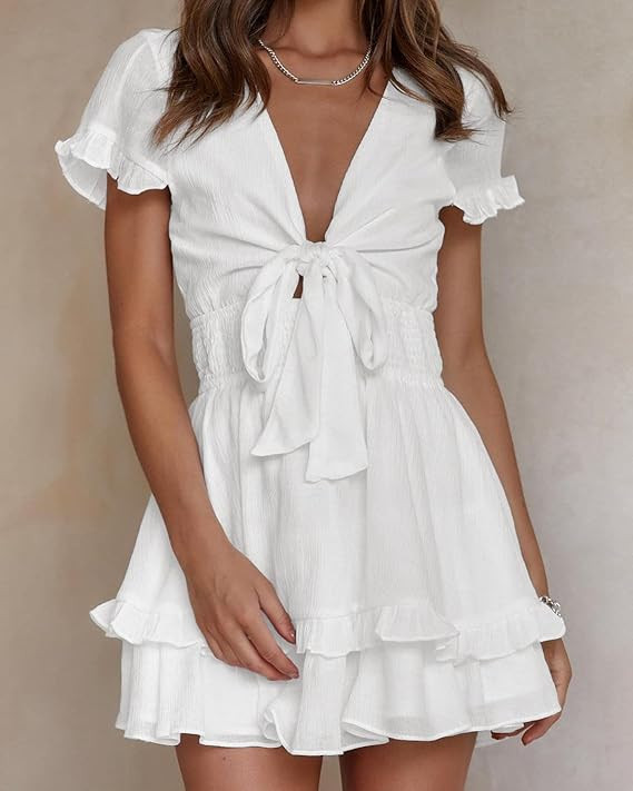 PRETTYGARDEN Womens Red Tie Front V Neck Short Sleeve Mini Dress | Amazon (US)