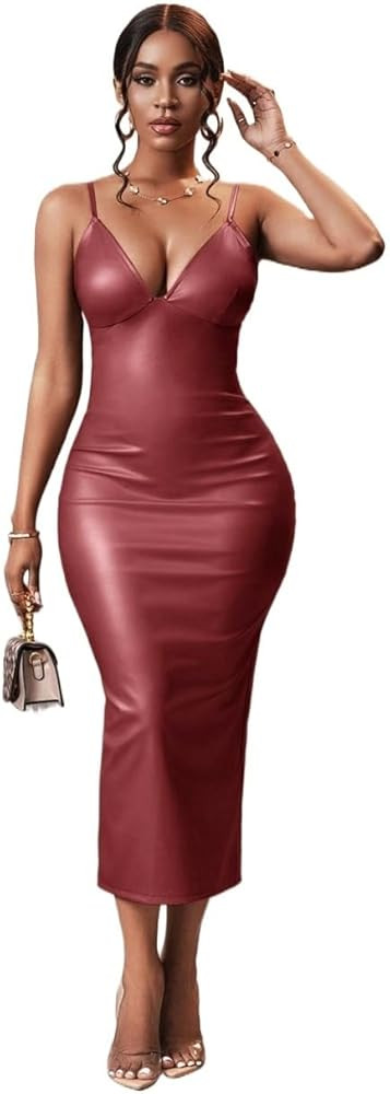 Women's 2025 Casual Cami Slip Dress PU Midi Slip Dress with Deep V-Neck | Amazon (US)