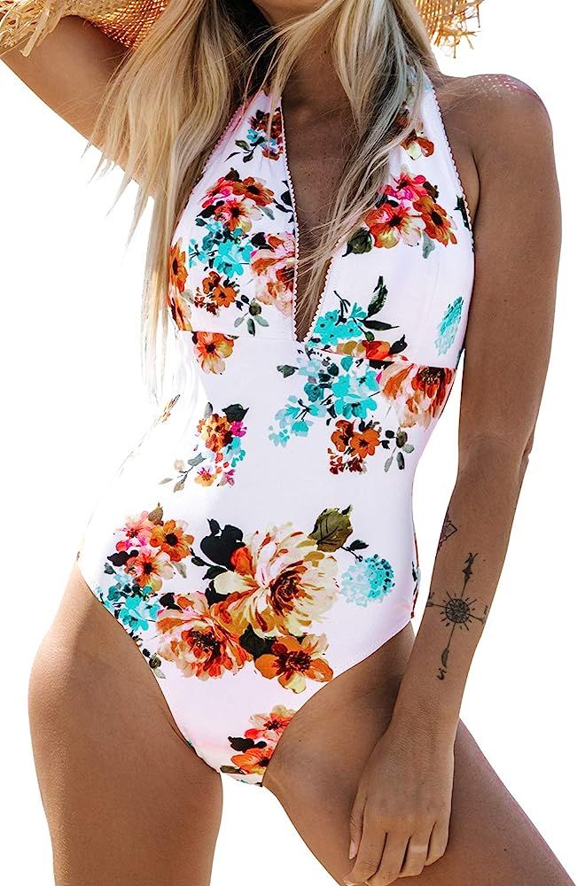 CUPSHE Women's Tie Waist Floral Print One Piece Swimsuit Halter Swimwear | Amazon (US)