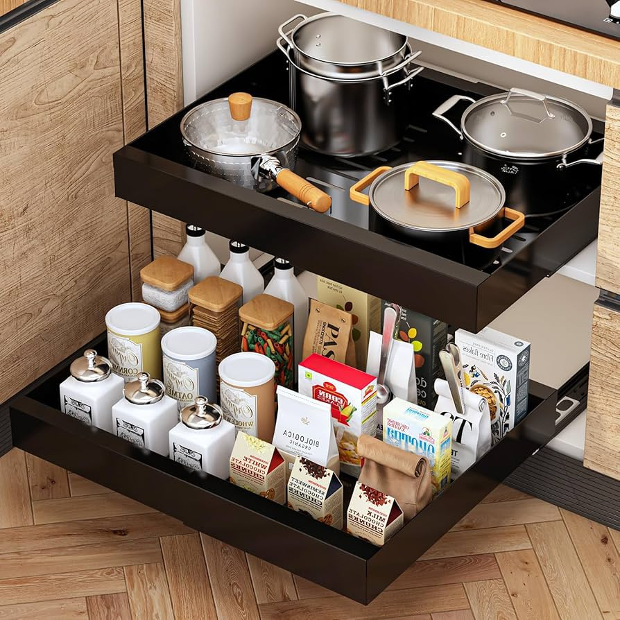 Pull out Cabinet Organizer,Slide out Drawer with 3 Rails,Expandable(12.1"-20"W) Peel and Stick Pu... | Amazon (US)