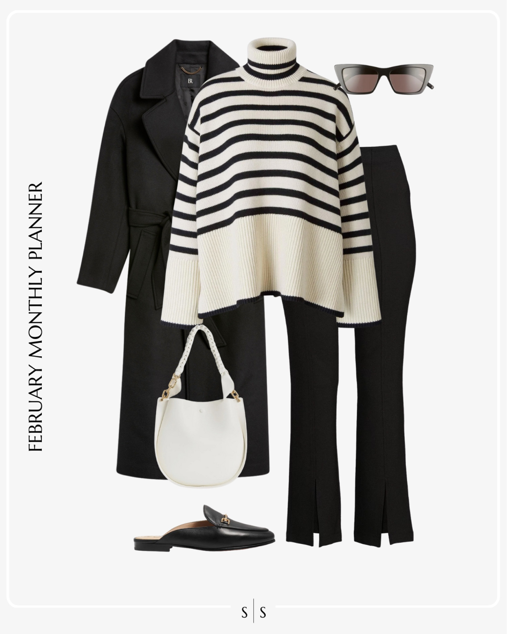 Monthly outfit planner: FEBRUARY: Winter looks | striped turtleneck sweater, split flare leggings, loafer mule, black top coat, white handbag, sunglasses 

See the entire calendar on thesarahstories.com ✨ 


#LTKstyletip