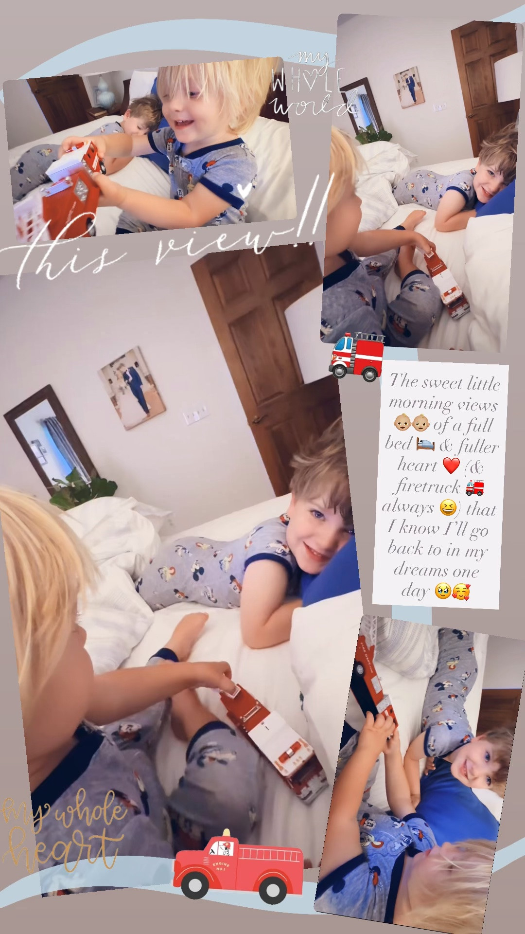 The sweet little morning views 👶🏼👶🏼 of a full bed 🛌 & fuller heart ❤️ (& firetruck 🚒always 😆) that I know I’ll go back to in my dreams one day 🥹🥰