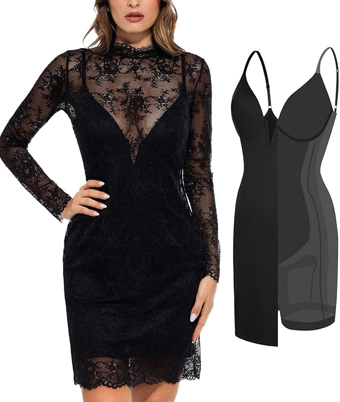 Popilush Lace Long Sleeve Dress - Shapewear Formal Mother of Bride Dresses Sheer Mesh Wedding Gue... | Amazon (US)