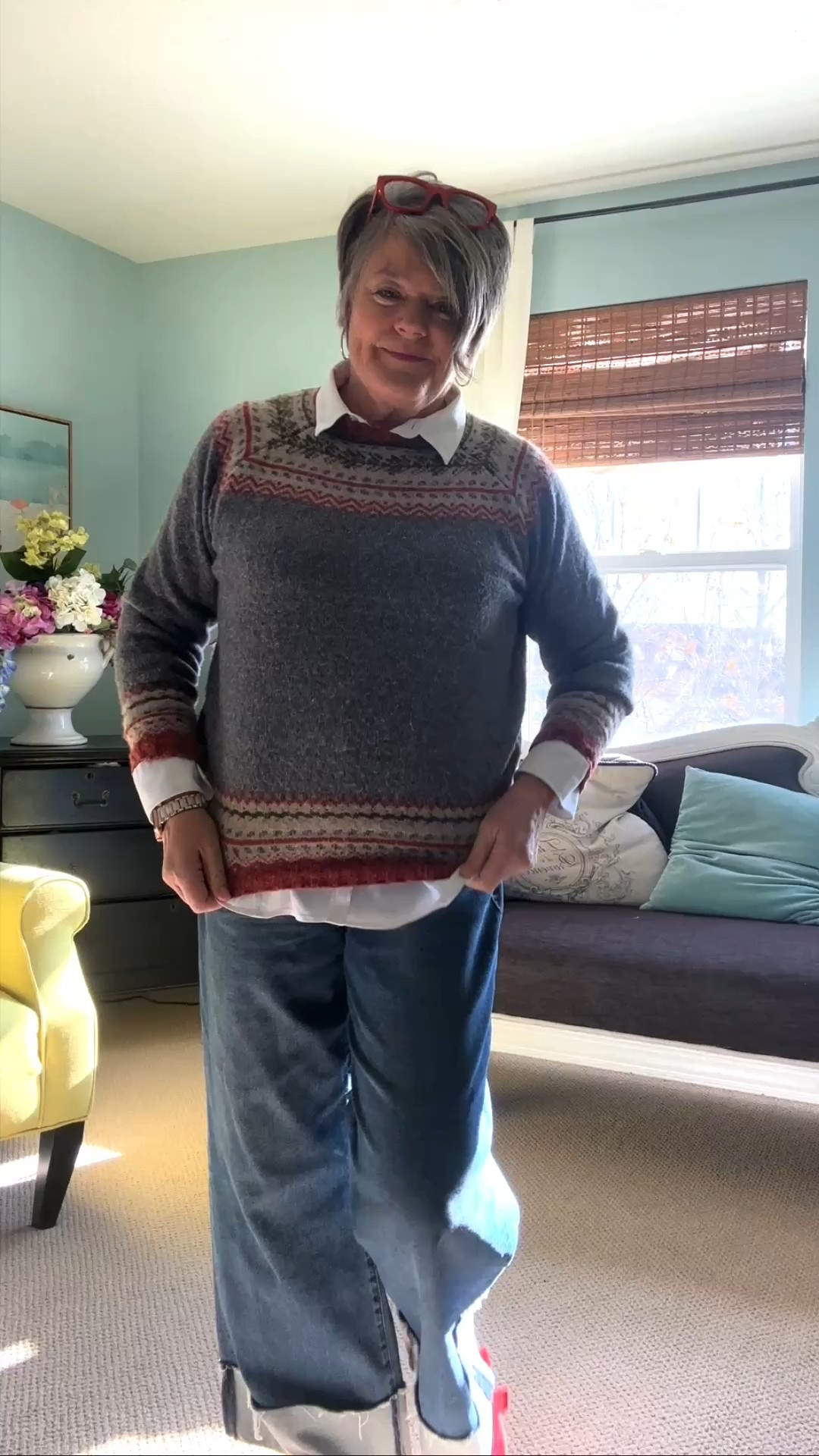 Cozy, classic, and cute for everyday! 🤍❤️
These big-cuff high-rise jeans are such a fun statement piece and so flattering on a mid-size figure. I paired them with a crisp white blouse and the sweetest Fair Isle sweater for that winter-casual vibe I love.

And can we talk about these Sam Edelman red + white suede sneakers? They pull the whole look together and add the perfect pop of cheerful color. It’s an easy, comfy outfit that still feels totally pulled-together — ideal for women over 50 who want style without the fuss!

I’ve linked everything (or similar pieces!) in my LTK. Tap to shop the full cozy look!

#midsizestyle #womenover50style #ltkfashion #fairislesweater #winteroutfitideas #samEdelman #midlifefashion #everydaystyleOver50 

#LTKdayinmylife #LTKootd