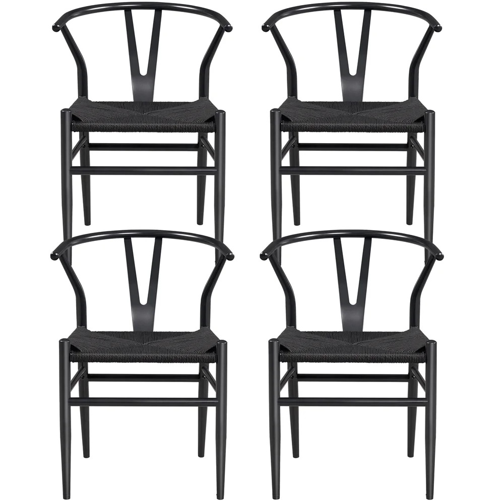 Alden Design Mid-Century Metal Dining Chairs with Woven Hemp Seat, Set of 4, Full Black | Walmart (US)