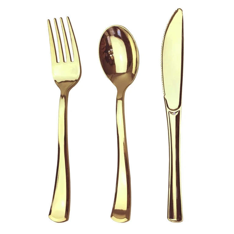 JL Prime 75 Gold Plastic Silverware Set, Gold Plastic Cutlery Set, Heavy Duty Utensils for Party ... | Walmart (US)