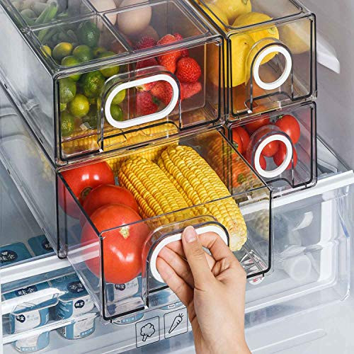 UNIKON Refrigerator Organizers and Storage Stackable Storage Drawers, Large Heavy Duty Fridge Organizer Bins Pull Out Refrigerator Organizer Bins, White Handle, 3 Drawers and 3 Small Cubes | Amazon (US)