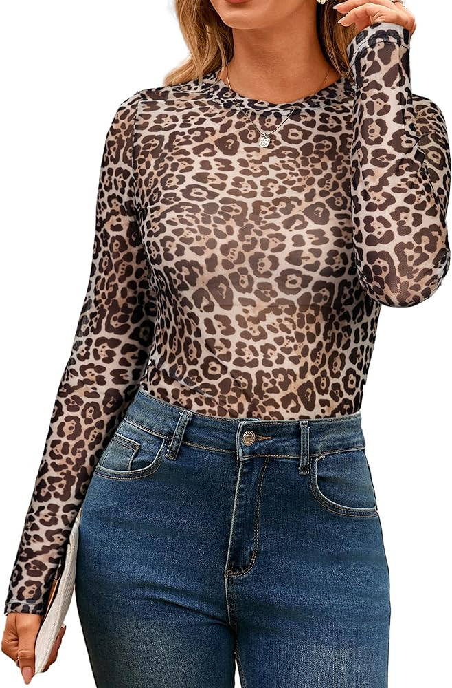 Glamaker Womens Mesh Long Sleeve Tops Lace See Through Sexy Crew Neck Eyelet Shirts Party Floral ... | Amazon (US)