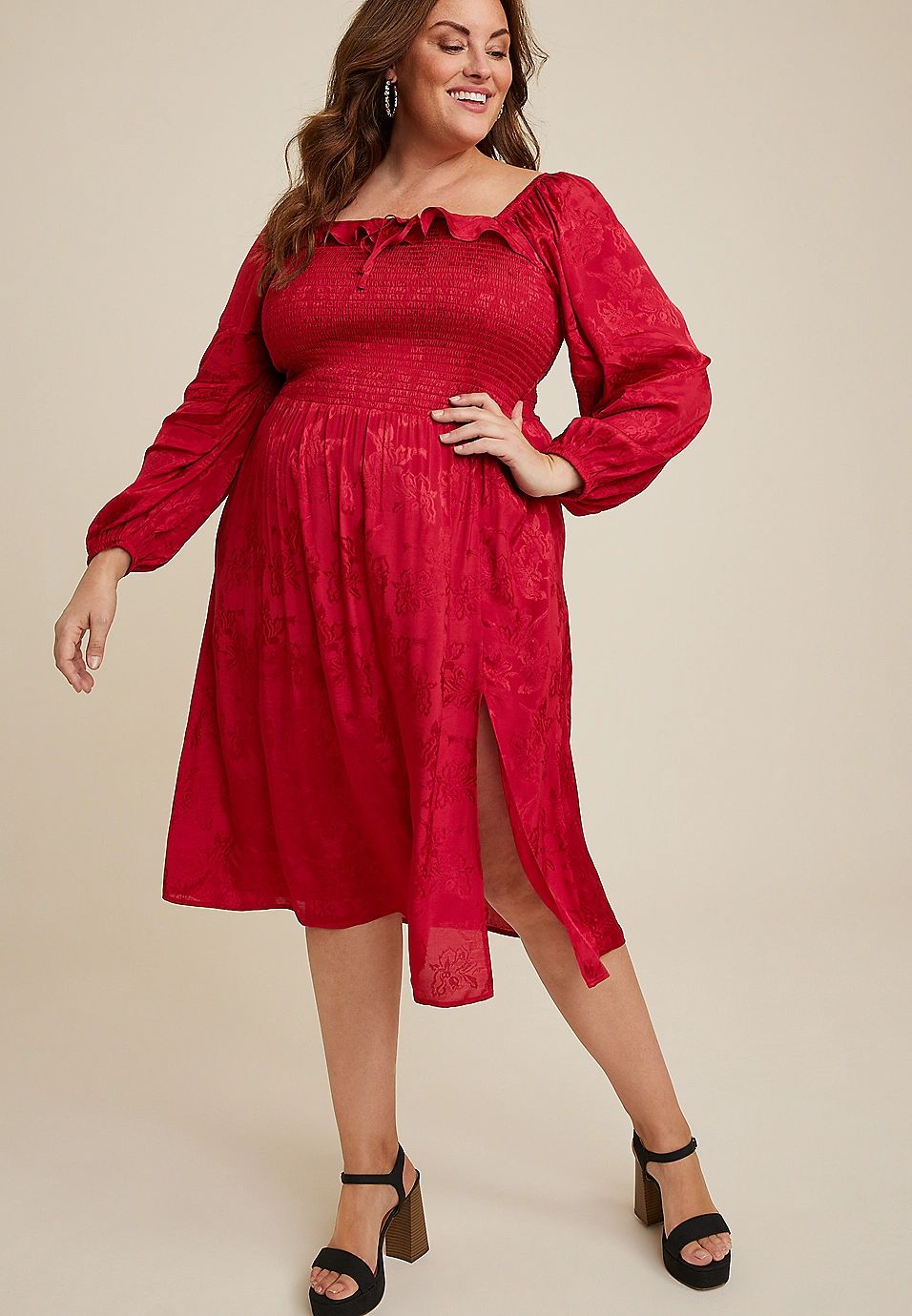 Plus Size Red Floral Jacquard Midi Dress | Maurices