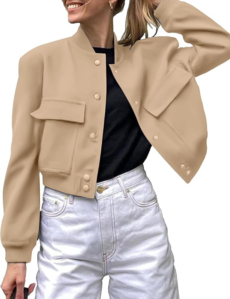 Zeagoo Women Bomber Jacket Casual Button Down Varsity Jackets Shackets With Pockets Outwear | Amazon (US)