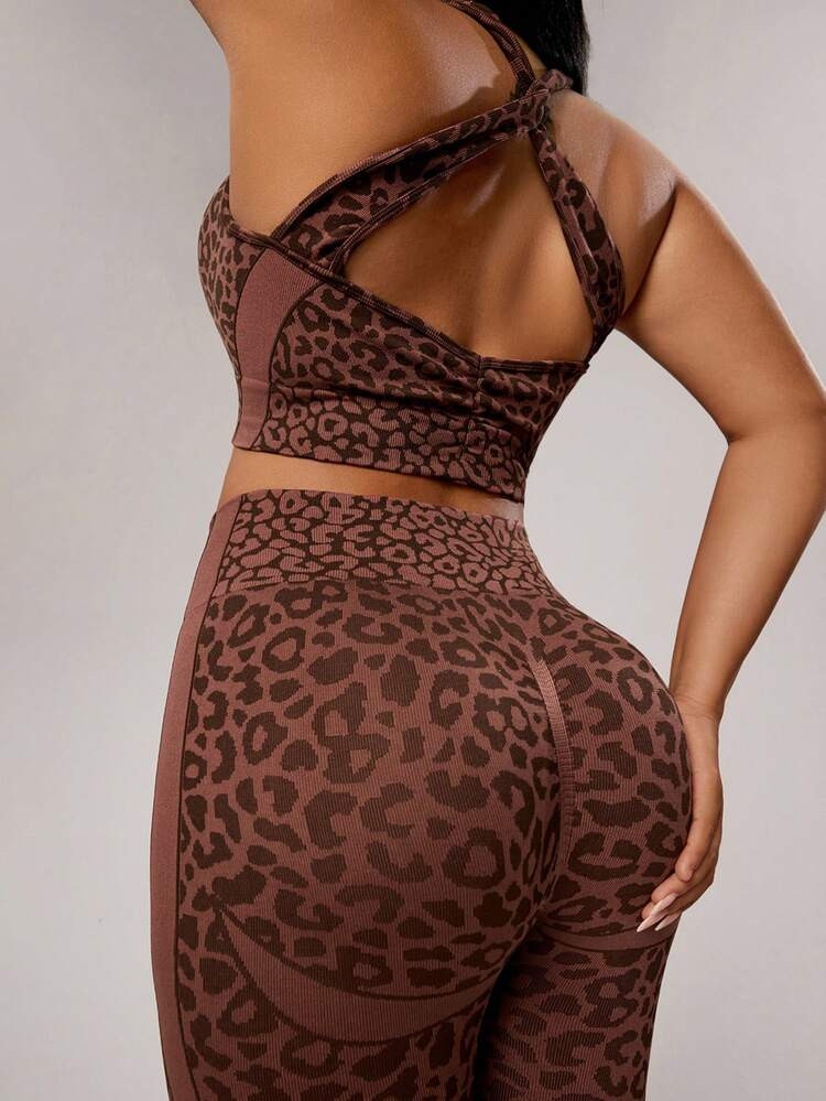 Rhythm Era Plus Size Women Leopard Jacquard Camisole And Leggings Sports Suit Brown 2 Piece Set | SHEIN