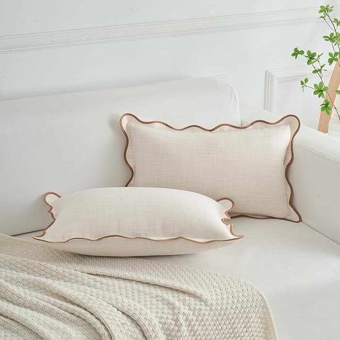 Scalloped Throw Pillow Covers Set of 2, Cotton & Linen, Beige & Brown Edge, 12x20 Inch | Amazon (US)