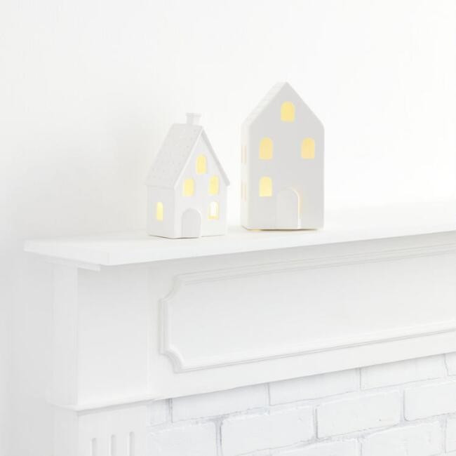 White Ceramic House LED Battery Operated Decor | World Market