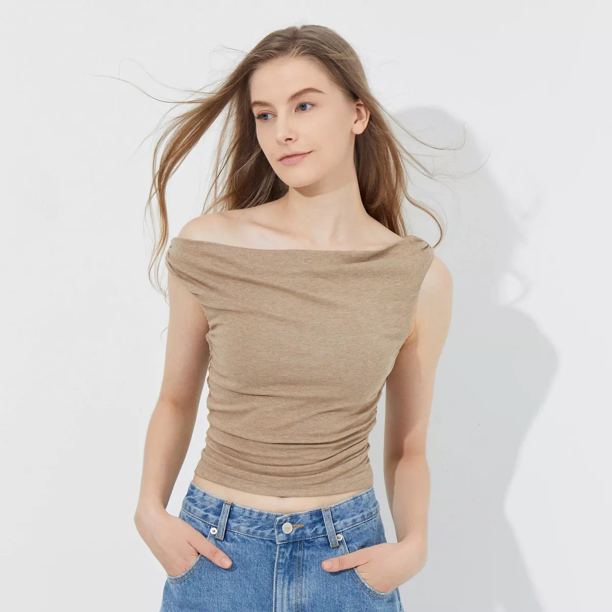 Women's Ribbed Asymmetrical Drapey Top - Wild Fable™ Oatmeal | Target