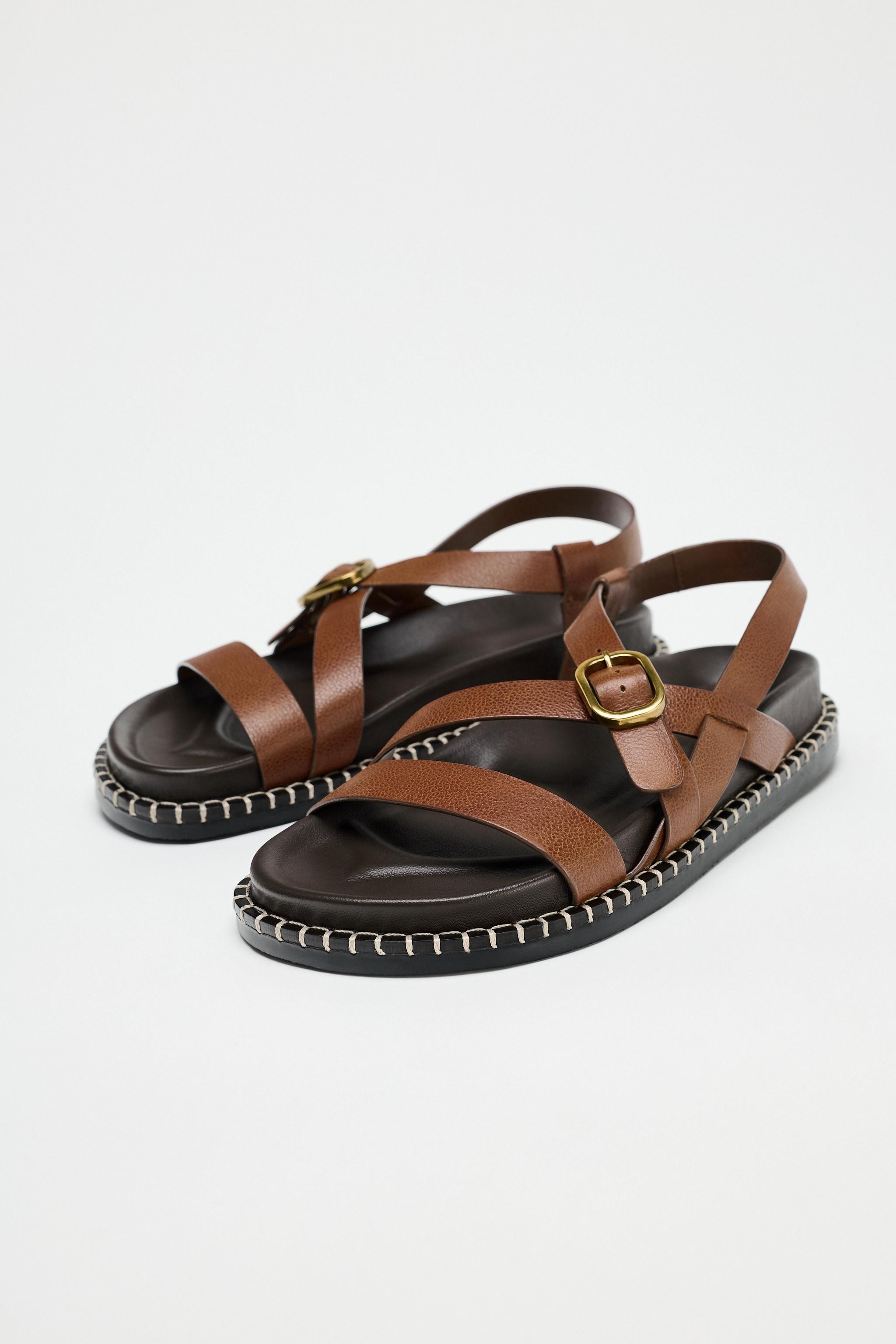 LOW-HEELED STRAPPY LEATHER SANDALS | Zara US