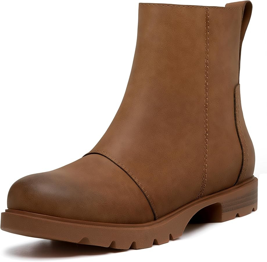 Athlefit Women's Ankle Boots Comfortable Lug Sole Chunky Low Heel Zipper Short Booties | Amazon (US)