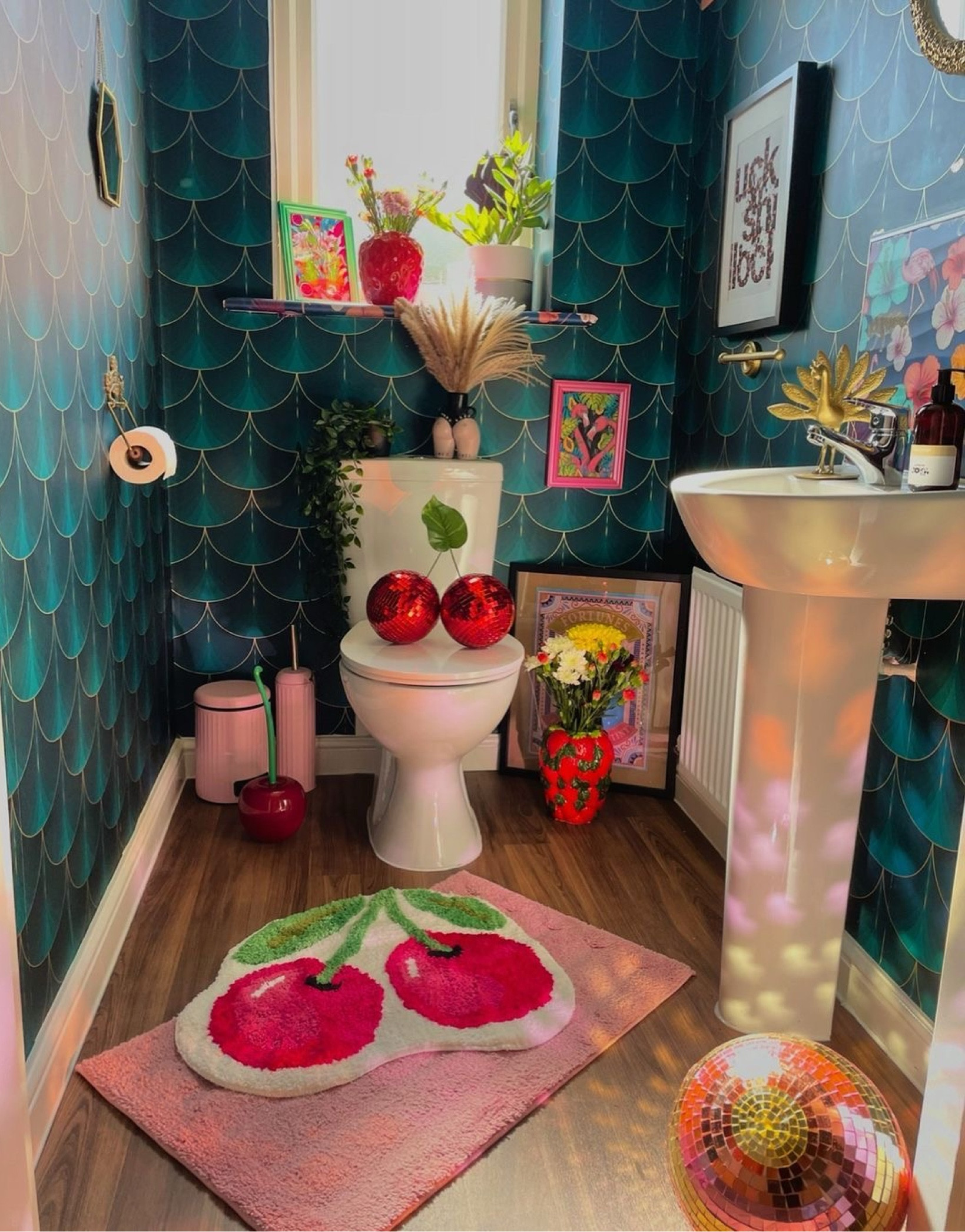 Cherry Themed Bathroom🍒🫧

#ltkbathroom #ltkbathroomdecor #ltkcherry #cherrytheme #cherry

Gold peacock figurine: IKEA MARKNIVÅ Decoration Peacock Brass Color 8”

Pink trash can & toilet cleaner: Ebay: (seller is away until October 22, 2024) New Modern Retro Ridged Pedal Bin & Toilet Brush Holder Bathroom Decor NTM | $20

#LTKxTarget #LTKHome