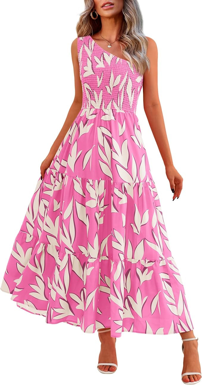 XIONGMEI Women Summer Dresses 2024 Sexy One Shoulder Sleeveless Smocked Floral Print Boho Flowy S... | Amazon (US)