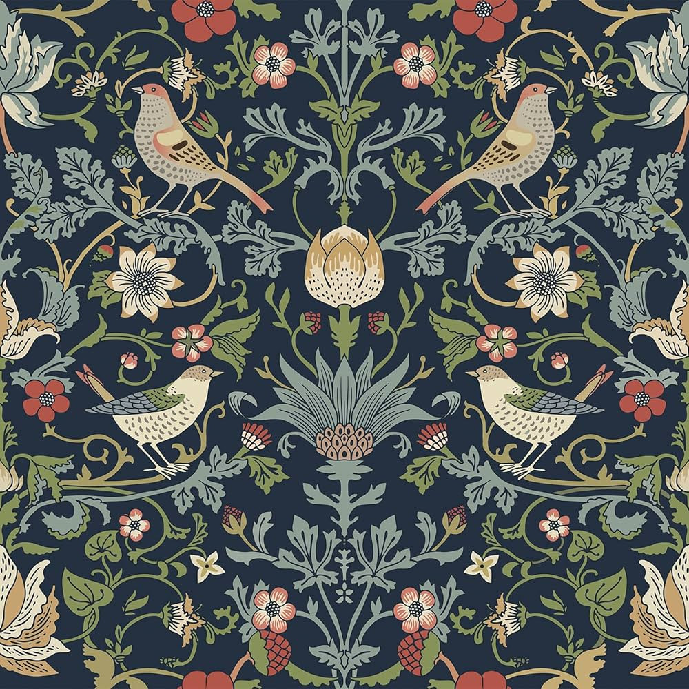 FunStick Navy Blue Floral Peel and Stick Vintage William Morris Wallpaper Green Leaf Bird Red Str... | Amazon (US)
