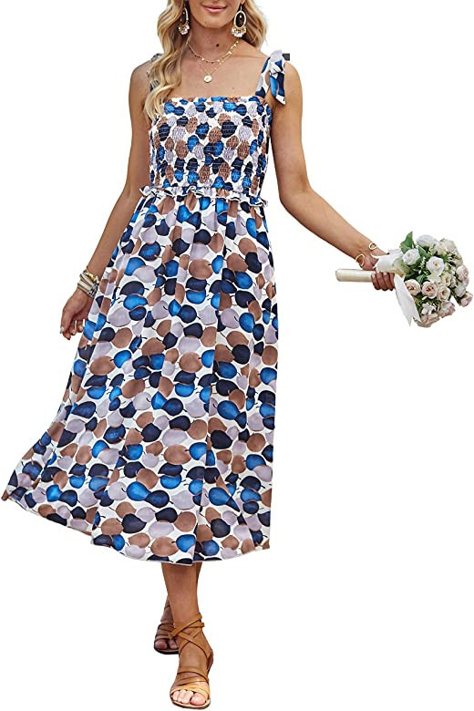 PRETTYGARDEN Women Summer Dresses 2023 Tie Strap Square Neck Smocked Ruffle Flowy Floral Print Bo... | Amazon (US)