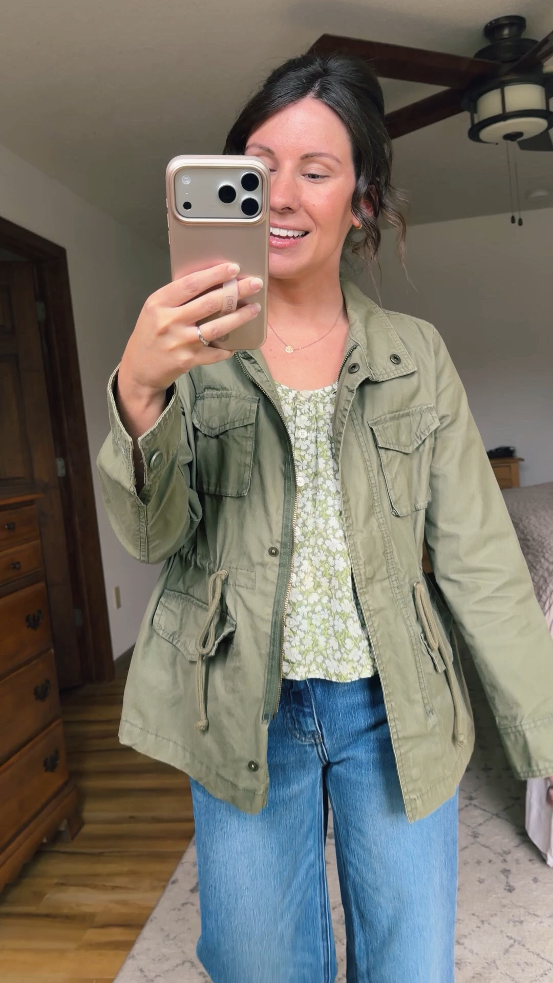 Xs petite in my floral shirt (100% cotton too! Green is selling out but other colors/prints available !) and my jacket is like 10-15 years old but old navy brought back an almost exact one. I have xs petite in mine. My jeans are are size 24 in the 26” inseam! So comfy! My clogs are size 6. 

#LTKSeasonal #LTKPetite #LTKootd