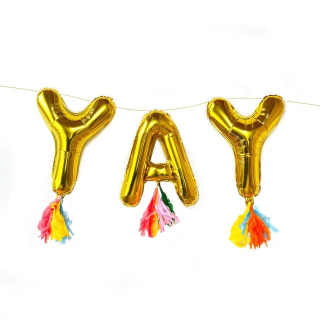 Packed Party 'Yay' 18"H Gold Foil Mylar Balloon Banner with Tassels - Walmart.com | Walmart (US)