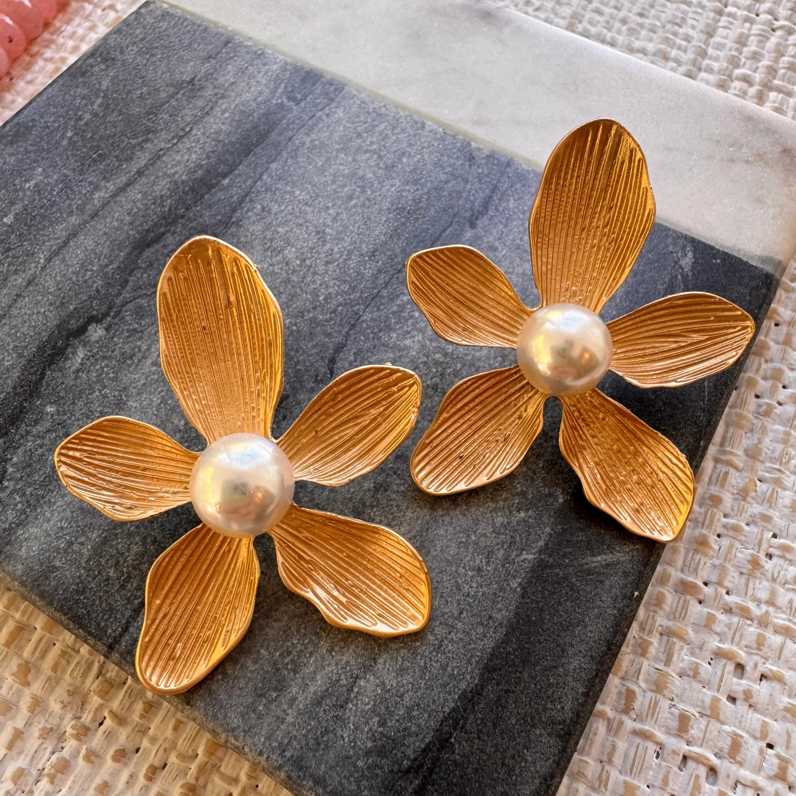 Golden Petal Pearl Oversized Flower Studs | Erin McDermott Jewelry