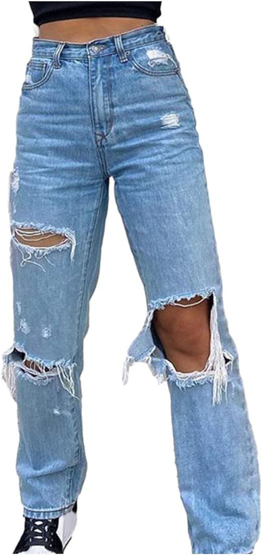 MASZONE Y2K Fashion Jeans for Women Button High Waist Pocket Elastic Hole Jeans Trousers Loose De... | Amazon (US)