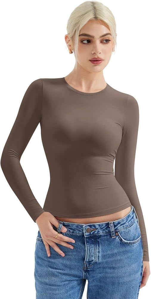 SUUKSESS Women Double Lined Fitted Basic T Shirts Crew Neck Long Sleeve Crop Top | Amazon (US)