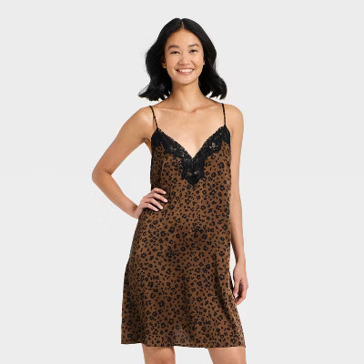 Women's Lace Trim Satin Chemise - Auden™ Leopard Print XXL | Target