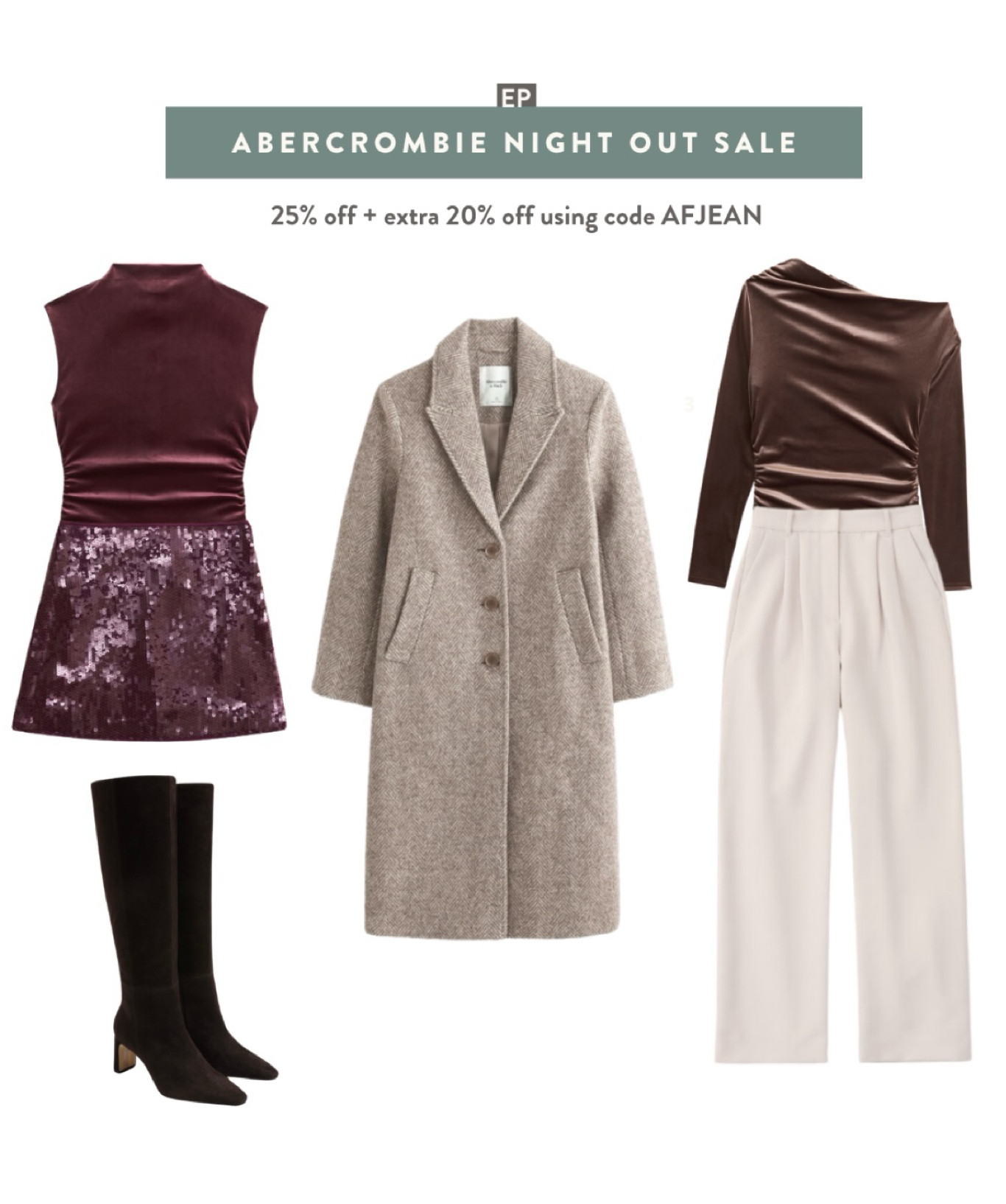 Some of my petite friendly picks from the AF Party sale! Party items are 25% off this weekend, and you can Use code AFJEAN for a stackable 20% off

Mini sequin skirt with stretch and shorts built in, xxs fits me well and is a mini length

Draped velvet top , I fit xxs with sleeves folded under

Sloane wide leg pants, I fit 24 Short

Herringbone coat I fit xxs petite

Fall Thanksgiving, holiday party sparkle , Christmas photo outfits 

#LTKHoliday #LTKParties #LTKFindsUnder50