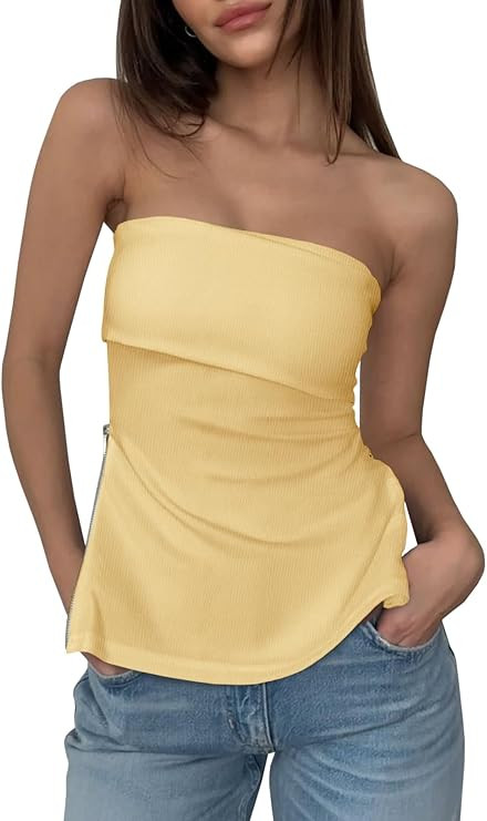 Cicy Bell Womens Strapless Tube Tops Fitted Ribbed Knit Y2K Going Out T Shirts Summer Side Zipper... | Amazon (US)