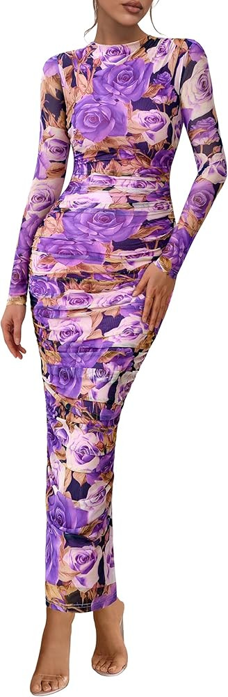 PRETTYGARDEN Womens Long Sleeve Maxi Dresses 2026 Spring Ruched Bodycon Floral Mesh Formal Weddin... | Amazon (US)