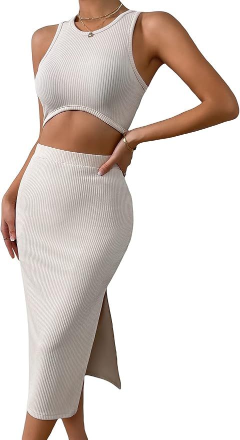 SheIn Women's 2 Piece Outfit Sleeveless Round Neck Tank Crop Top Split Bodycon Midi Skirt Sets | Amazon (US)