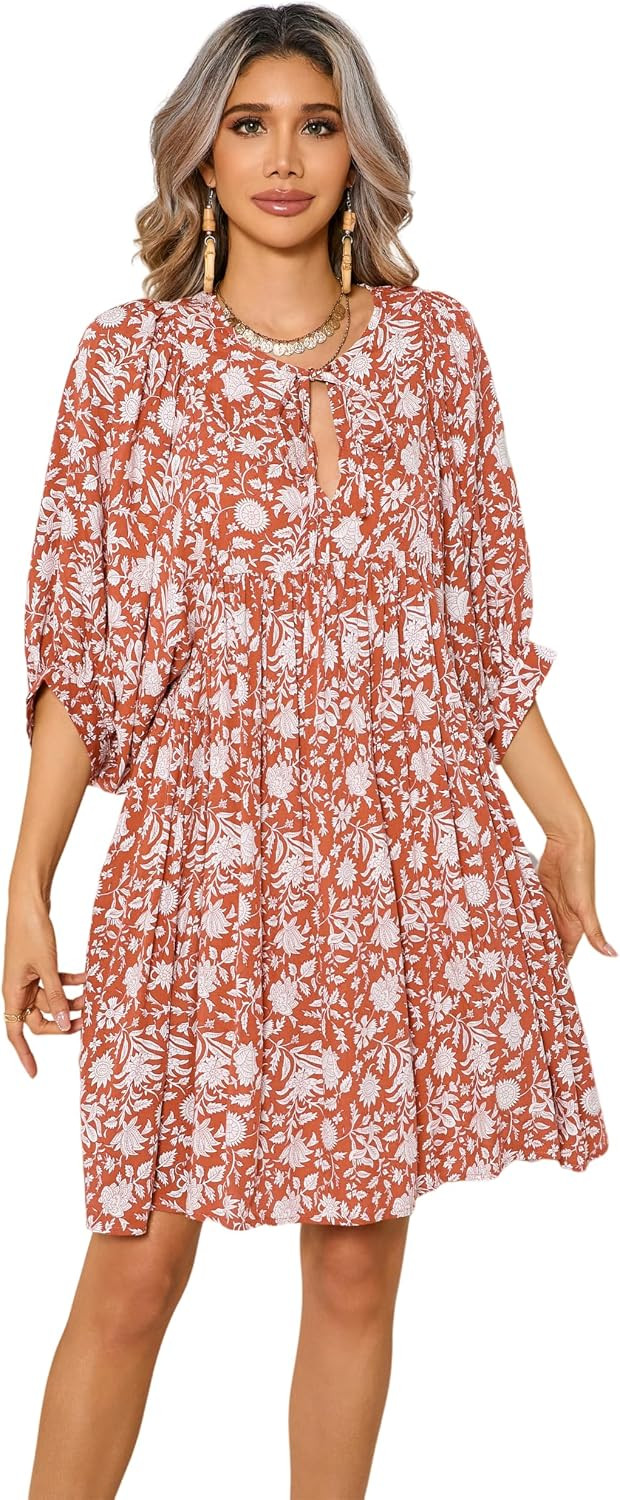 R.Vivimos Women's Summer V Neck Casual Dresses Lantern Sleeve Boho Floral Print Loose Flowy Mini Dress | Amazon (US)