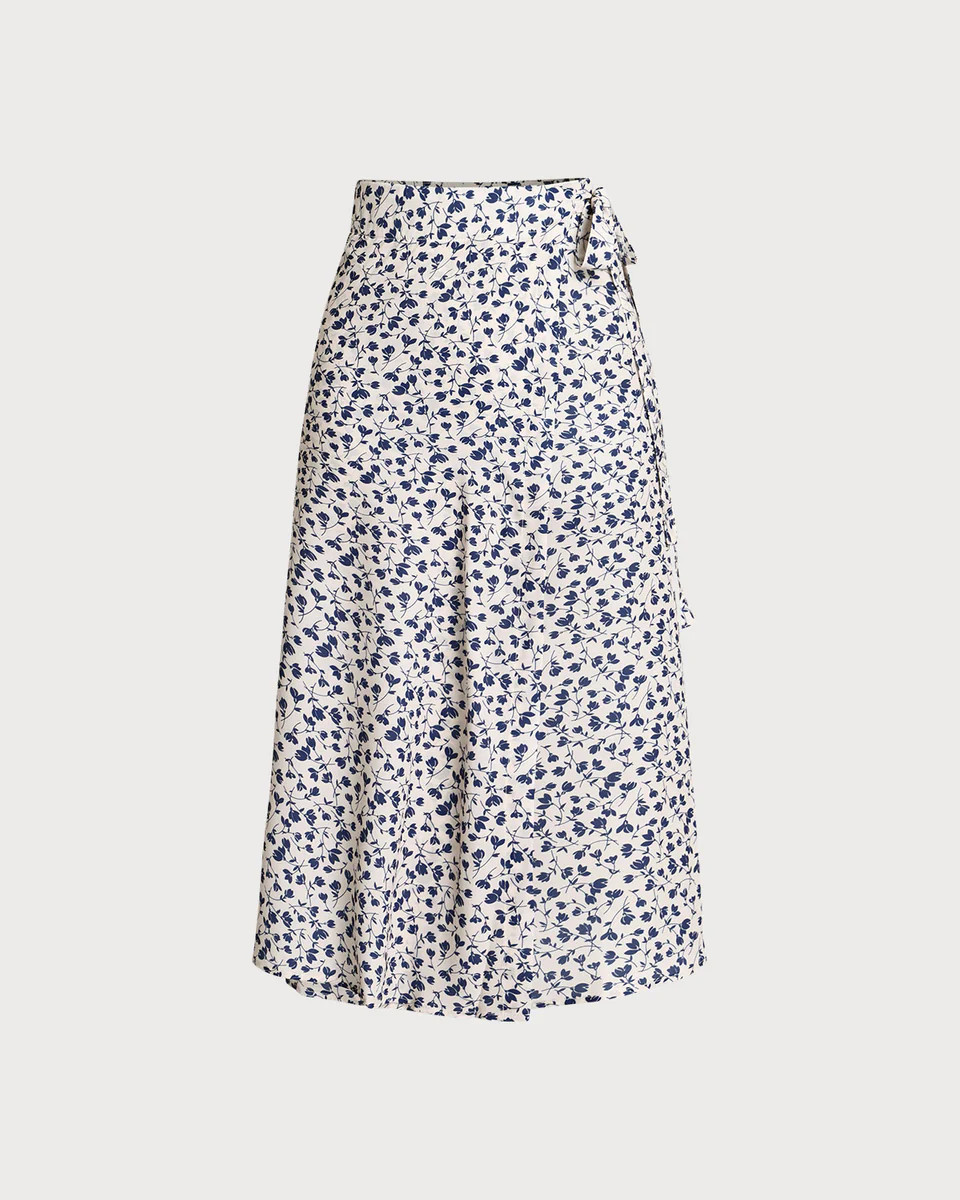 Blue Floral High-waisted Wrap Midi Skirt | rihoas.com