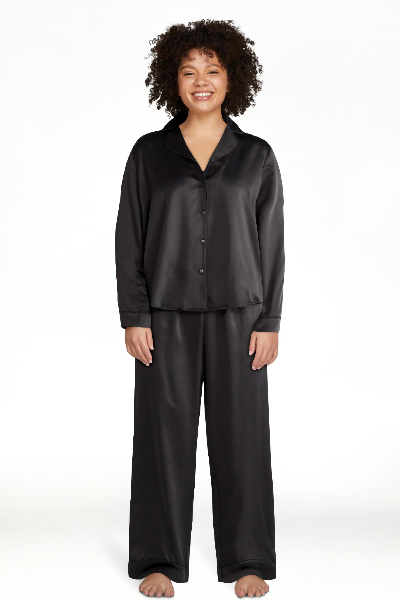 Joyspun Women’s Stretch Satin Notch Long Sleeve Top and Pants Pajama Set, 2-Piece, Sizes XS-3X | Walmart (US)