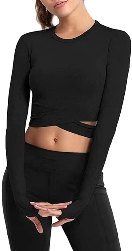 Bontierie Women Crew Neck Crop Tops Tummy Cross Long or Short Sleeve Sport Shirt for Yoga Fitness Ru | Amazon (US)