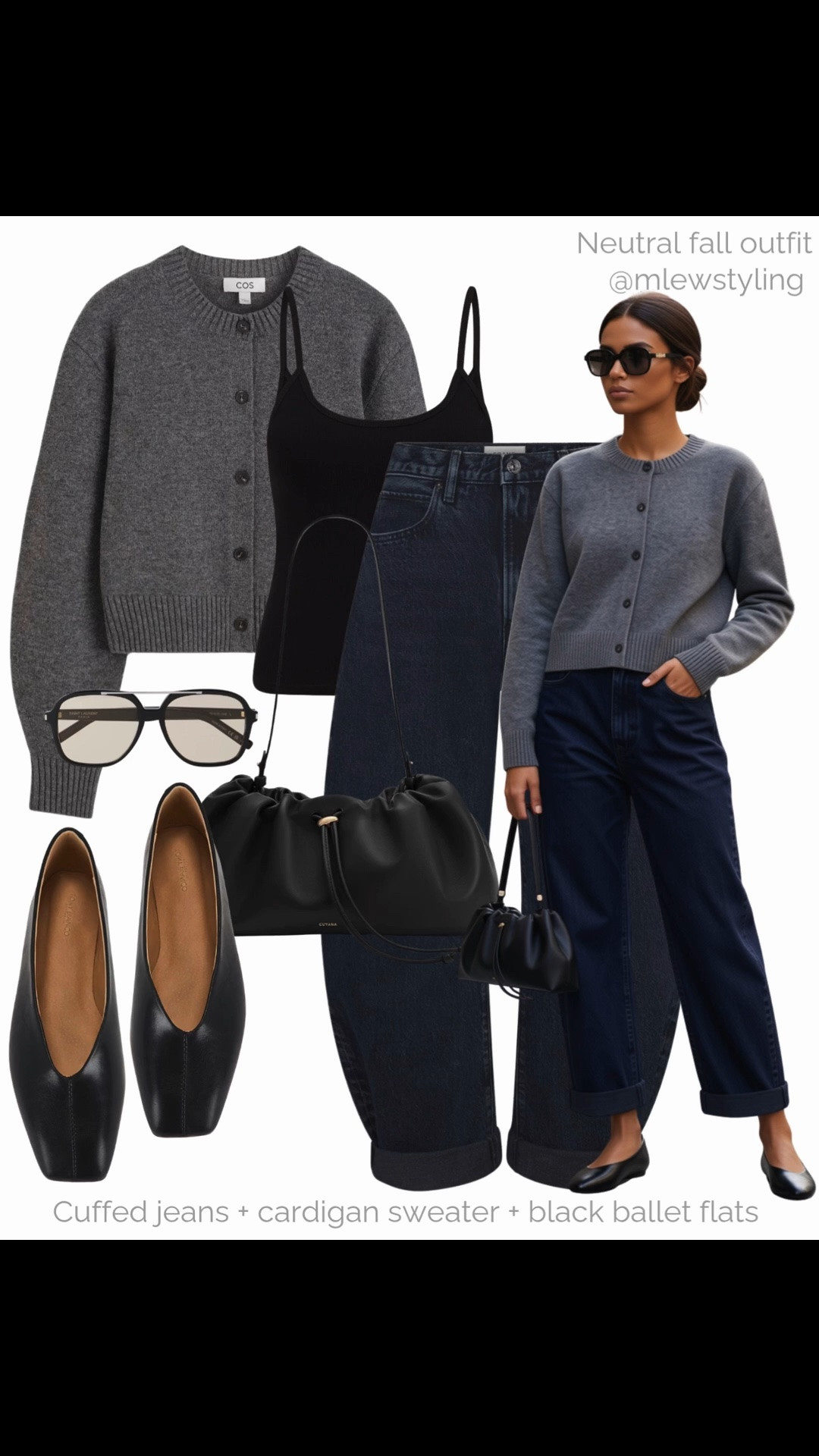 Neutral fall outfit 🖤

Tags: elevated autumn outfit, cos cashmere cardigan, bubble jeans, cuffed denim, black leather ballet flats, ysl sunglasses, cuyana pouch bag, DISSH black cardigan, capsule wardrobe, fall office outfit

#LTKjeans #LTKfall #LTKshoes