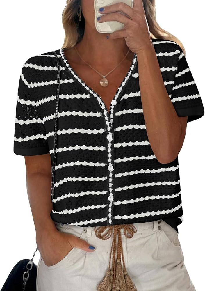 NALANISA Women's Short Sleeve Sweater Spring Summer Crochet Knit Tops 2025 V Neck Striped Button ... | Amazon (US)