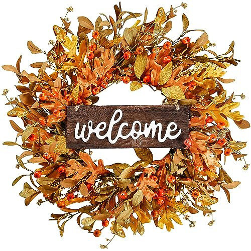 Sggvecsy Artificial Fall Wreath - 18'' Autumn Front Door Wreath with Fall Leaves, Small Pumpkins, Cluster of Berries for Outside, Indoor, Wall, Window, Festival, Thanksgiving Decor | Amazon (US)