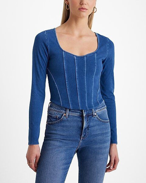 Body Contour Medium Denim Long Sleeve Corset Top | Express