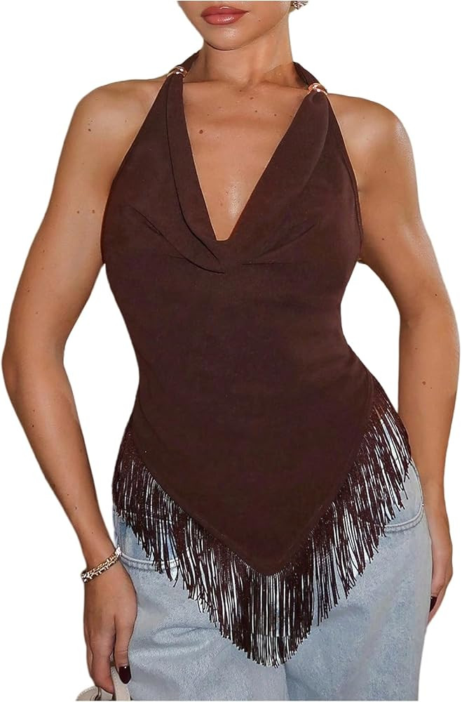MakeMeChic Women's Cowl Neck Fringe Halter Tops Y2k Tie Open Back Party Rave Top | Amazon (US)